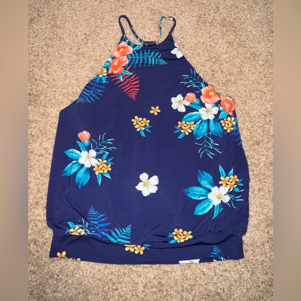 Express Women’s Blue Flower Spaghetti Strap Keyhole Tank Top Size Small/Petite